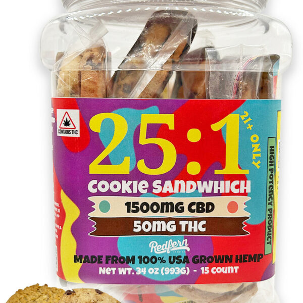 A tub of Redfern Cookie Sandwich 25:1 1500mg cbd and 50mg thc