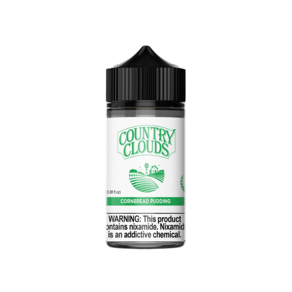Country Clouds Nixamide - Cornbread Pudding (CBP) 100ml features flavors of warm corn bread pudding paired with a hefty scoop of vanilla ice cream and drizzled with sticky maple syrup!